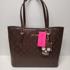 NWT BETSEY JOHNSON Large Skull Embossed Tote Bag XOTOTO Chocolate Charm Skull