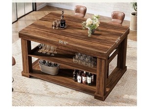 Brown Wood Freestanding Kitchen Island Table, 2-Shelf Open Shelving 55.12"