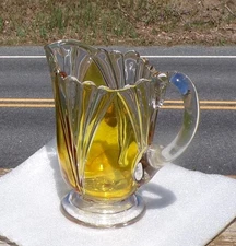 EAPG CLEAR with AMBER STAIN  "MALLARD"  HANDLED COLLAR FTD. WATER PITCHER