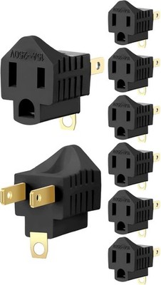  (8-PACK) 2 Prong to 3 Prong Outlet Plug Adapter Polarized  Grounding (BLACK)