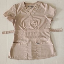 Grey's Anatomy By Barco Scrub Top Womens Small Beige V-Neck Short Sleeve Buttons