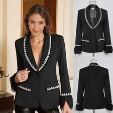Women's Black Suit Crystal Lapel Long Sleeves for Wedding Evening Dinner Party