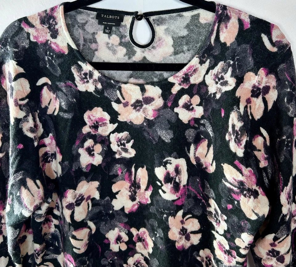 Свитер пуловер Talbots Pure Cashmere черный розовый с цветочным узором рукава 3/4 размер L - Изображение 3 из 4
