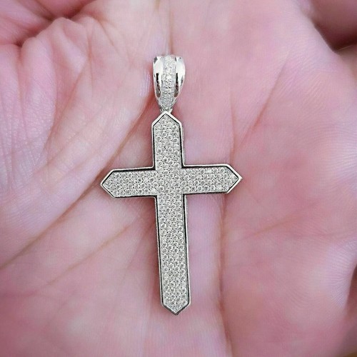 2Ct Round Cut Real Moissanite Men's Stunning Cross Pendant 14k White Gold PlaTED