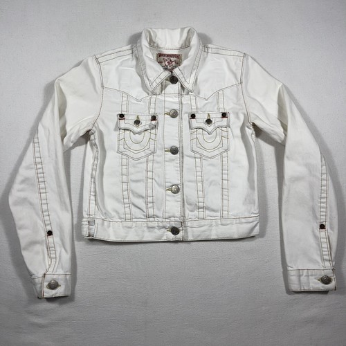 True Religion White Denim Jean Jacket Unisex Sz M Gem