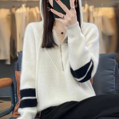 Women Autumn Winter Hoodie Collar Sweater 100% Wool Half Zipper Coat Tops - Picture 30 of 30
