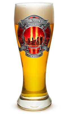 ''WE WILL NEVER FORGET''- 9-11 TRIBUTE WITH RED FIRE -LARGE  PILSNER BEER GLASS