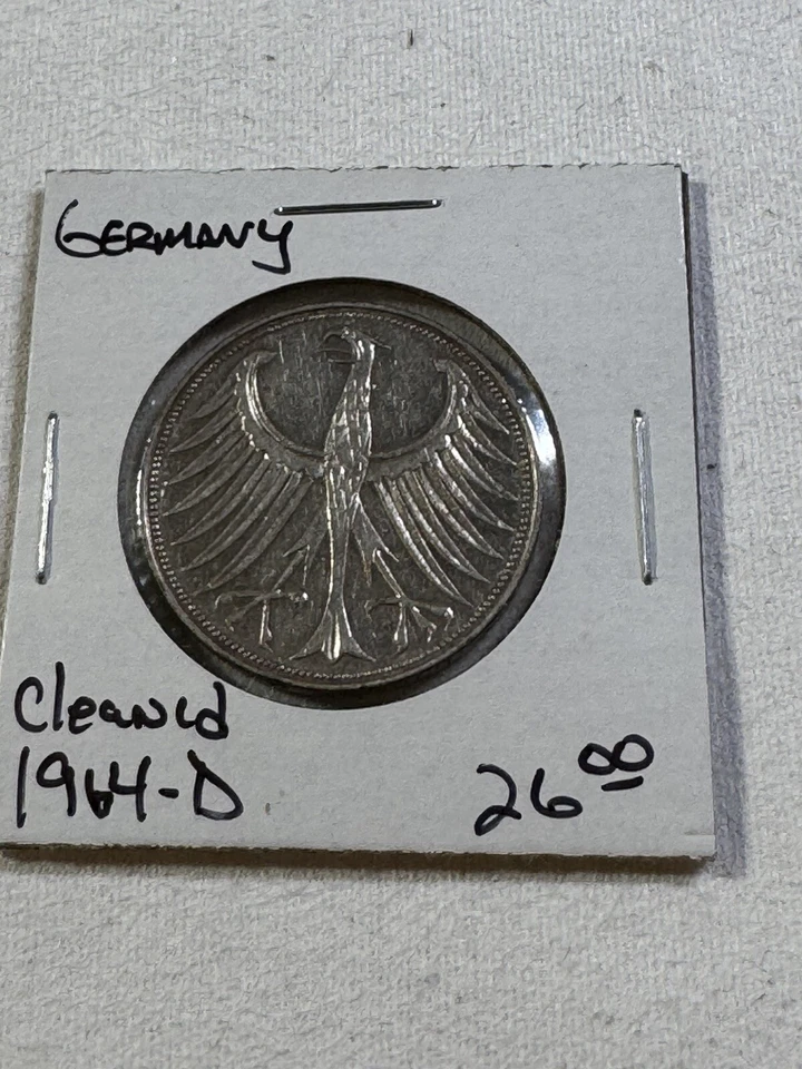 1964-D Germany 5 Mark Silver Coin Low Mintage Cleaned - Image 2 of 4