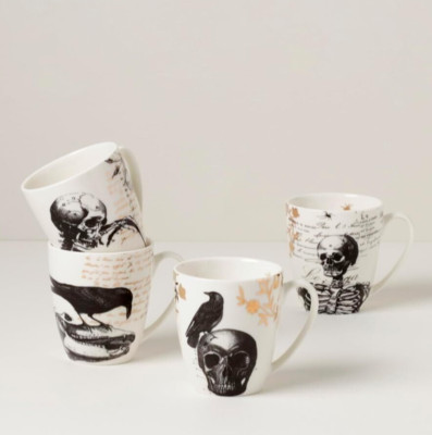 Lenox Vintage White, Black and Gold Halloween 12 Ounce Mugs, Set