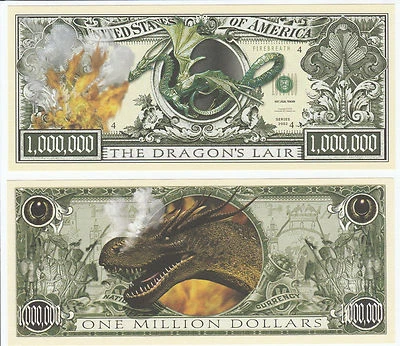 Dragons Lair Million Dollar Bill Play Funny Money Novelty with FREE SLEEVE