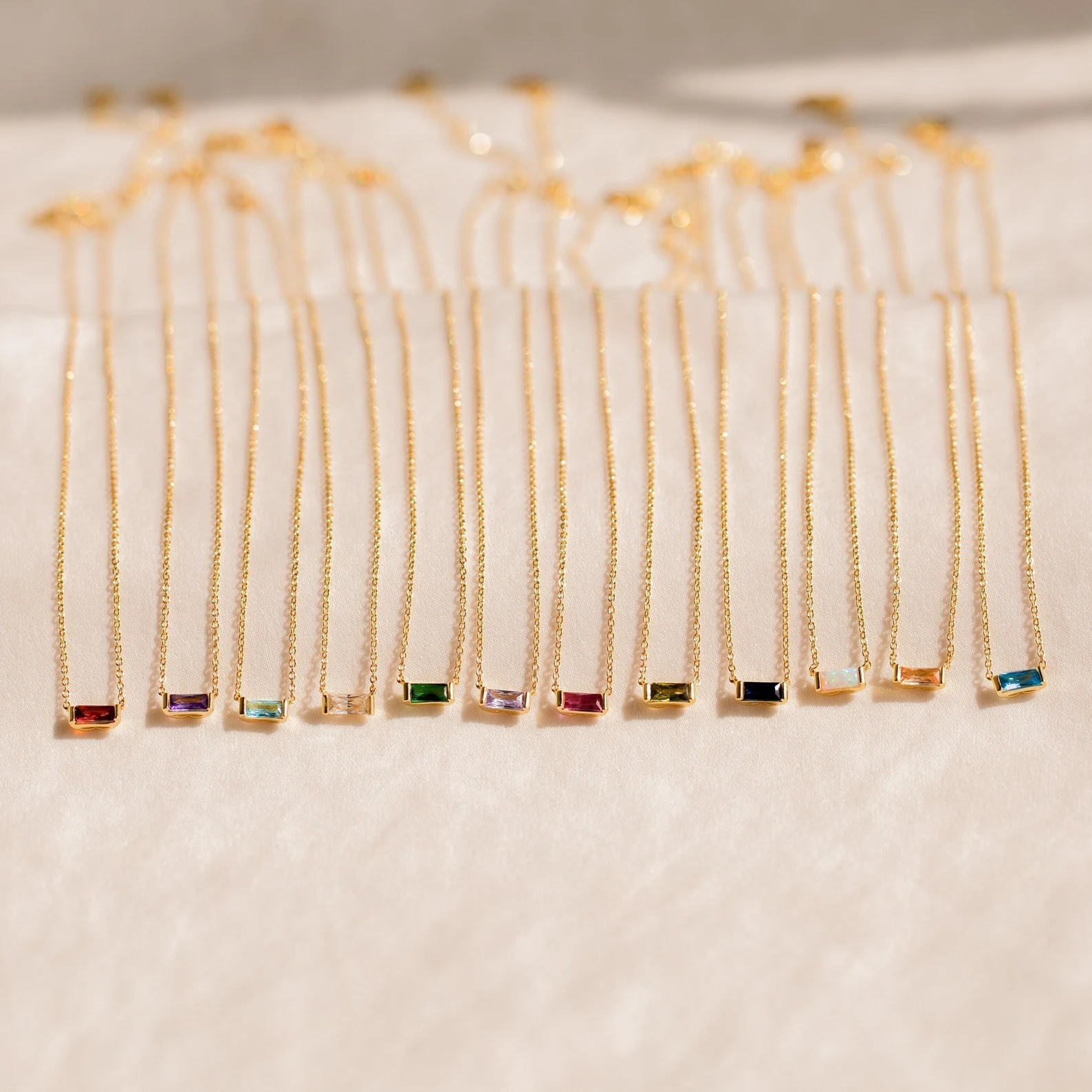 14K Solid Gold Baguette Birthstone Necklace with Simulated Stone Design