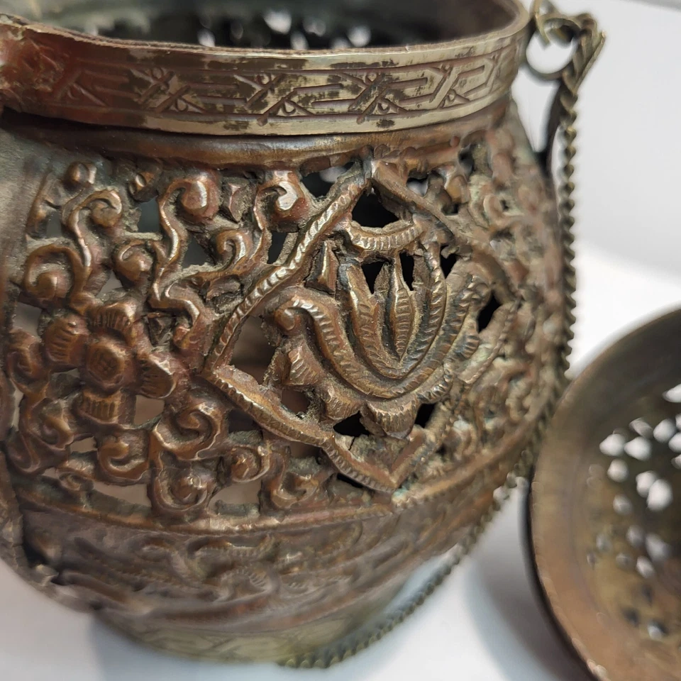 Brass Copper Asian Dragon Incense Burner chains Lid Engraved elaborate vintage - Image 3 of 4