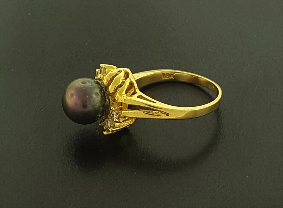 Anillo de oro amarillo de 18 quilates con diamantes morados oscuros de perlas de mar de 8 mm para dama  Foto 4 de 4