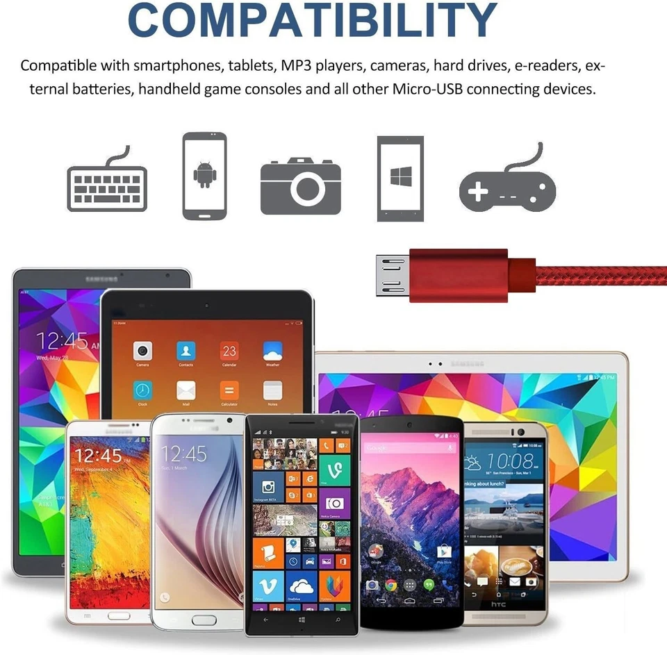 10FT Micro USB Fast Charging Cable Cord For Samsung Android Phone Charger Red - Image 2 of 4