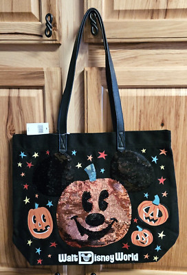 Disney Parks Walt Disney World Canvas Tote Bag Halloween Sequin Pumpkin Mickey