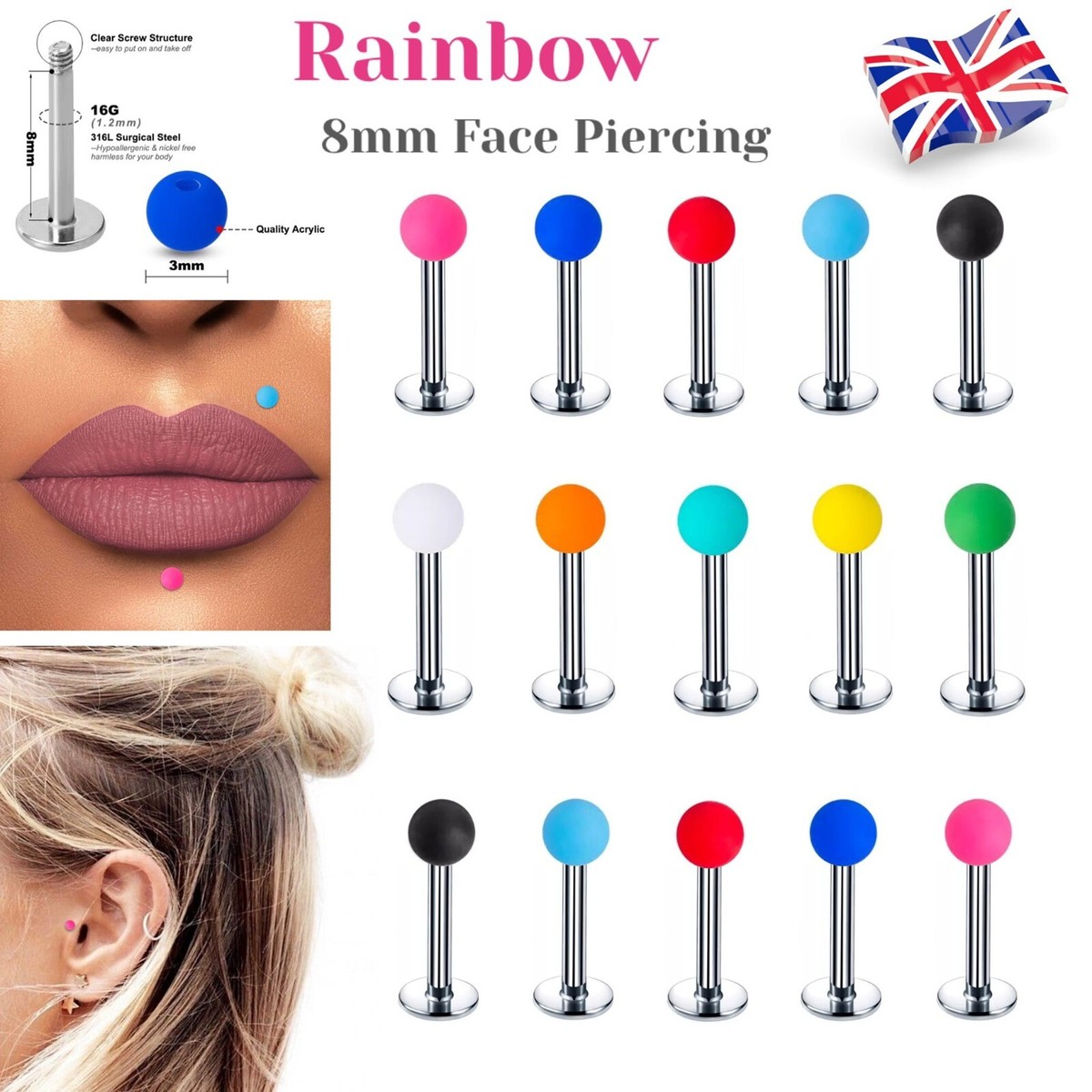 Face Piercing Labret Lips Helix 316L Summer Colourful Tragus 16G