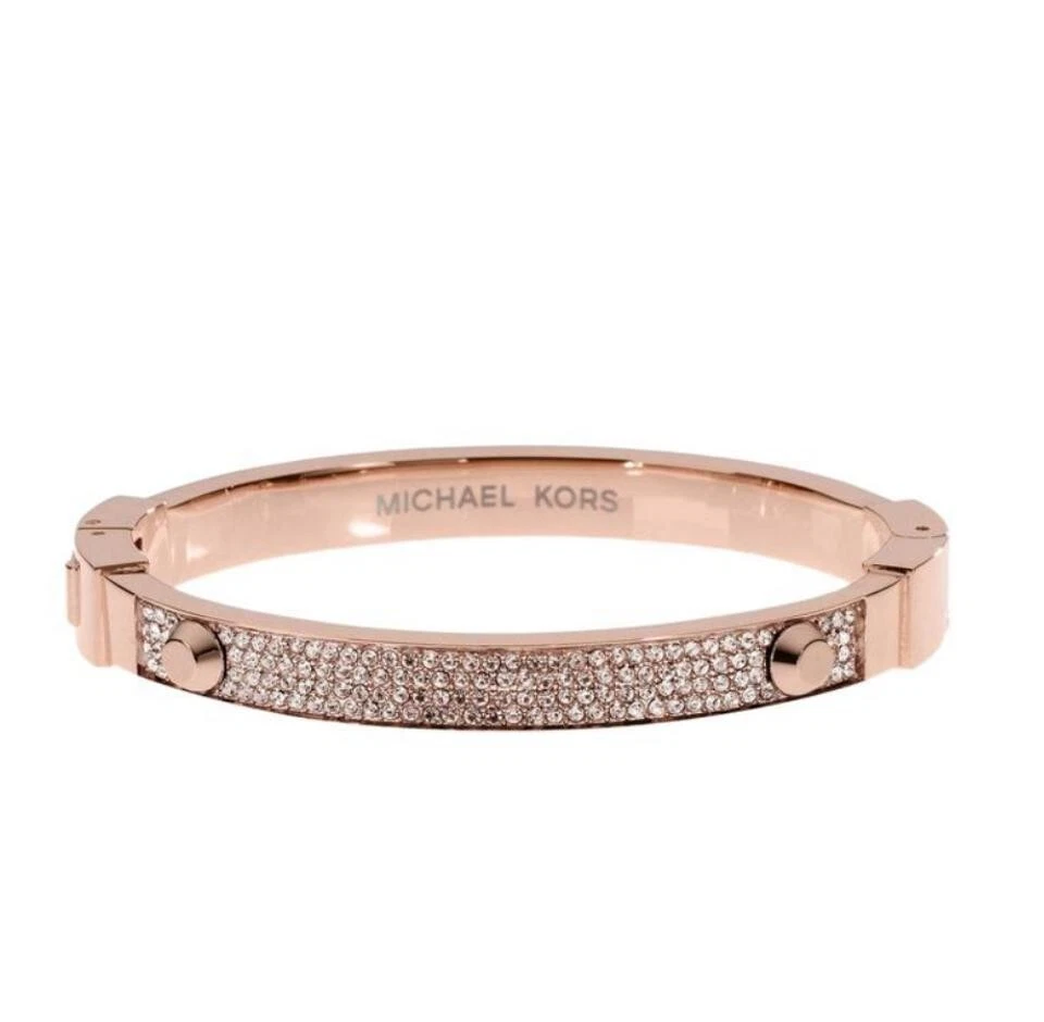 New Michael Kors Rose Gold Mkj2747791 Crystal Hinged Bangle Bracelet