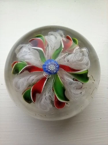 Antique St Louis French Miniature Crown Paperweight. Green And  Red Ribbons.