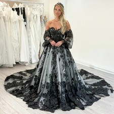 Black Off Shoulder Tulle Wedding Dresses Puff Sleeve Lace Applique Gothic Gowns