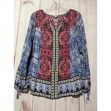 Lucky Brand Women's Size L Boho Floral Print V Neck Long Sleeve Blouse Top