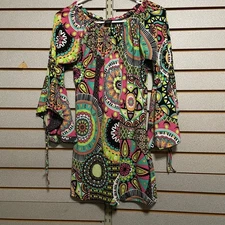 Win Win Tie Sleeve Tunic Boho Paisley Print Women Size S M Colorful