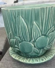 McCoy Vintage Embossed Sand Dollar Design Flower Pot / Planter Teal Green 6" VGC