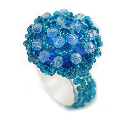 20 mm D/Türkis Glas und Blau Acryl Perlen Knopfförmiger Flex Ring - Größe S/M