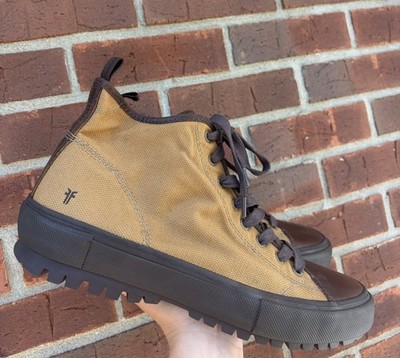 Frye Ryan Lug Midlace Mens 11 Tan Brown Canvas Lace Up Casual Dress High Top