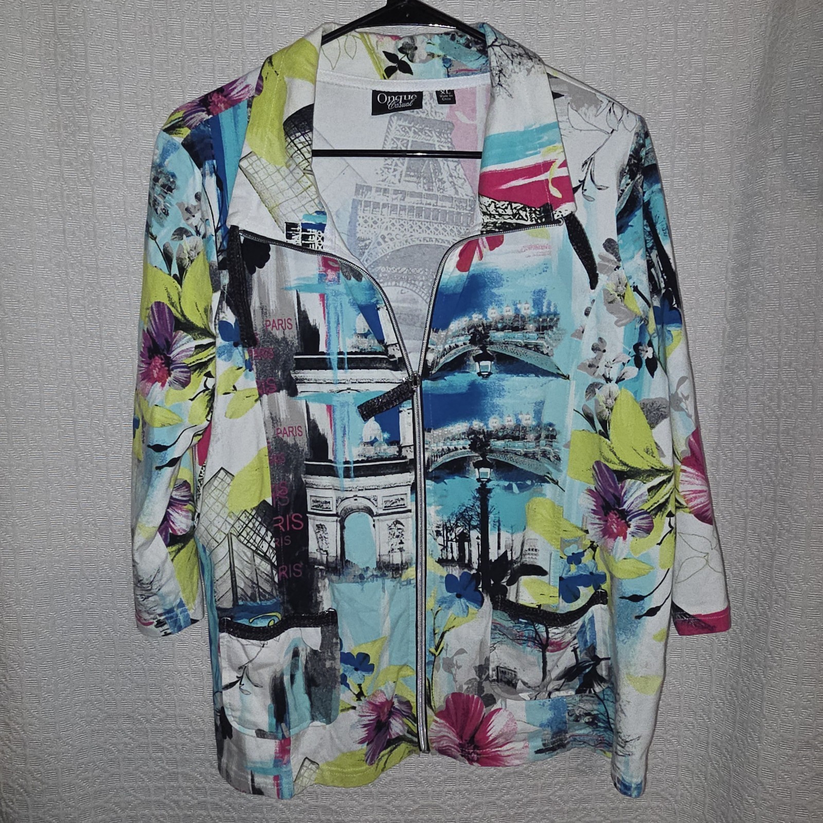 Onque Casuals Paris Print Multicolor Full Zip Jacket Pockets Women's XL