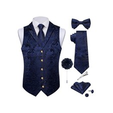 Silk Vest Tie Set for Men,Woven Paisley Dress XX-Large Black and Navy Blue
