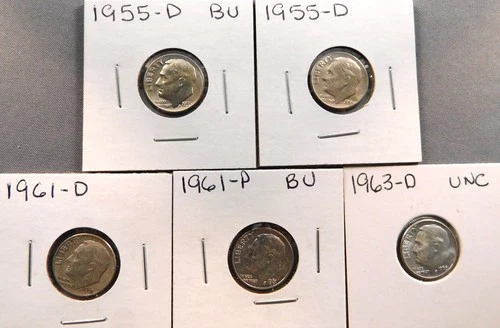 Lot of 5 SILVER Roosevelt 90-% Silver Dimes various dates  all in 2x2 slips