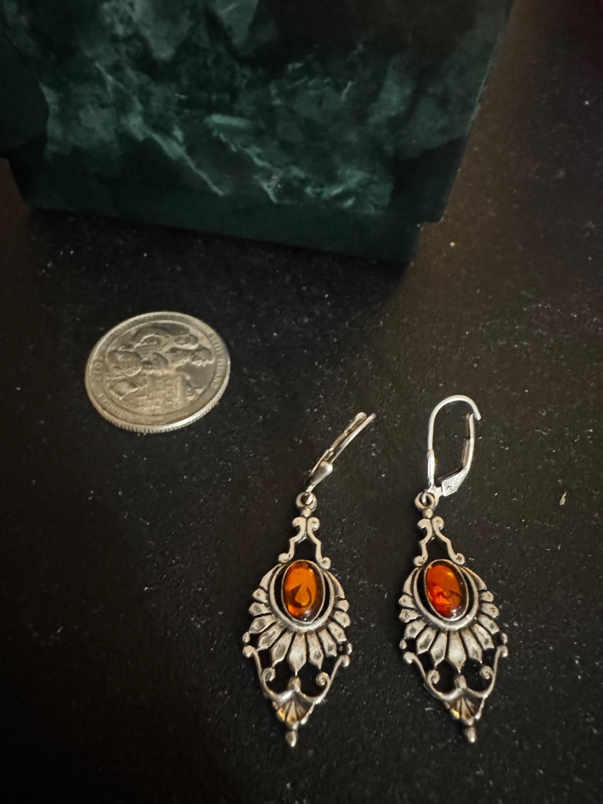 dangle drop orange silver earrings - image 1