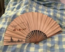 Antique French Victorian wood printed Venice Hand Held Folding Fan 1907 Theatre