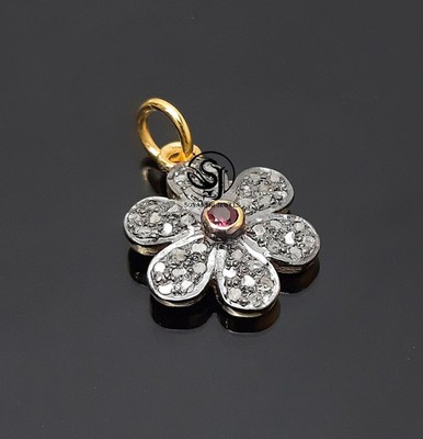 Handmade Ruby Flower Pendant: Diamond Pave 925 Sterling Silver Pendant
