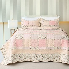 Garden Floral Quilt Bedspread Queen Size,3 Piece Patchwork Pink Quilt Set wit...