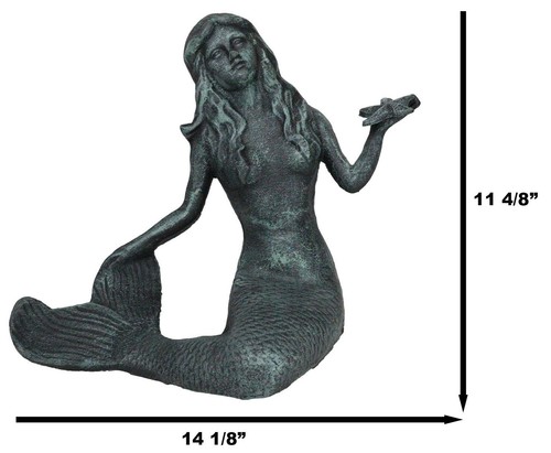 13 Zoll L Gusseisen große nautische Sirene Meerjungfrau hält Seestern Verdi grüne Statue - Bild 2 von 9