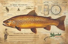 Vintage Fly Fishing Art Print 11x17 Pflueger Fishing Reel  Brown Trout Artwork