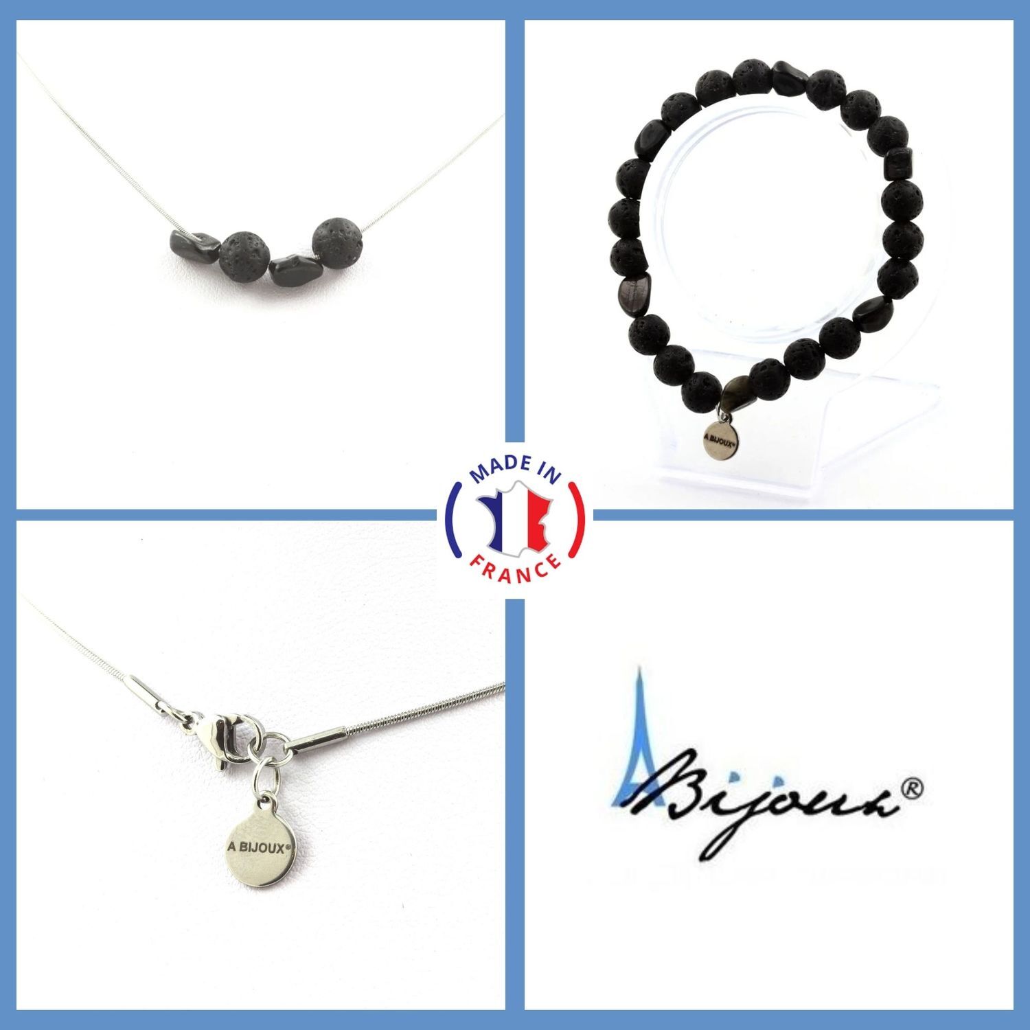 Parure en perles de lave et tourmaline noire du Brésil de 8mm pour lithothérapie