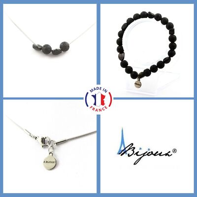 Lava Beads Necklace Bracelet Set + Brazilian Schorl Tourmaline Size 8