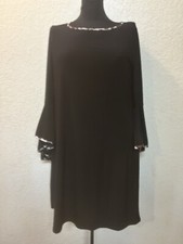 Roz & Ali Little Black Knee Length Dress Leopard Trim Trumpet Sleeves Womens M