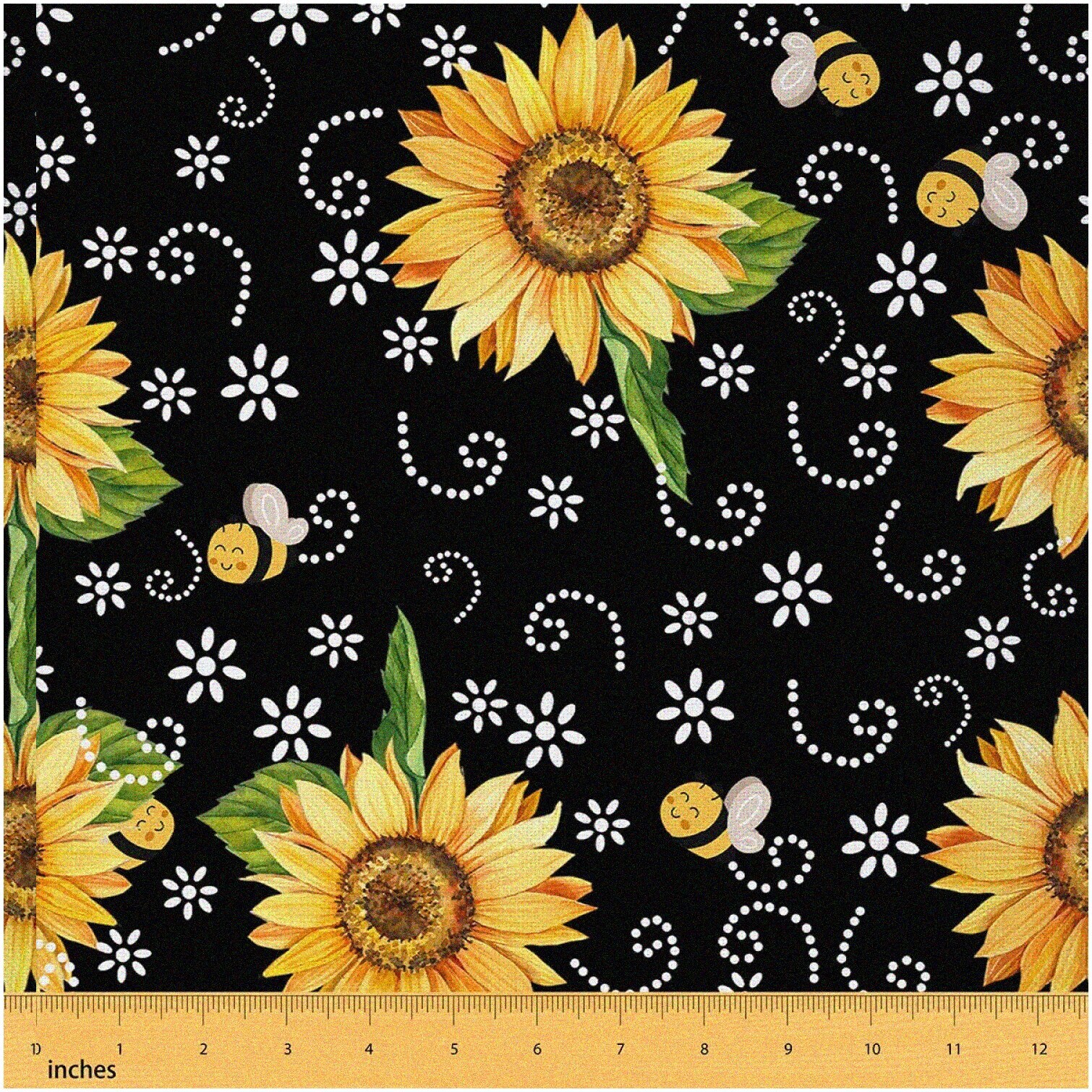 Buzzing Blooms: Sunflower Bee Fabric - Vibrant Yellow Flora