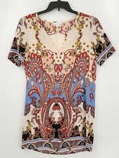 Glam Womens Size Small Multicolor V Neck Short Sleeve Bohemian Style Shirt Dress