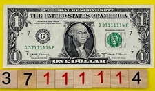 Five in a Row 1s Quints ￼G 37111114 F DC Fancy Serial Number One Dollar Bill