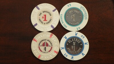 4 JETONS CHIPS DE CASINO ATLANTIC CITY, ANNÉES 80, BON ÉTAT, RARES
