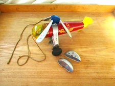 1940s WOODETTE HELICOPTER, VINTAGE WOOD PULL TOY W/GEARS, STRING, GUY