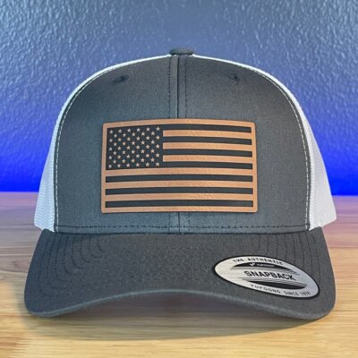 American Flag Patriotic SnapBack Trucker Rawhide Leather Patch Hat Charcoal/Whit