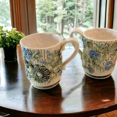 Vintage Inarco Japan 2 PIECES  coffee tea cups Textured With Flowers Blue/Green 