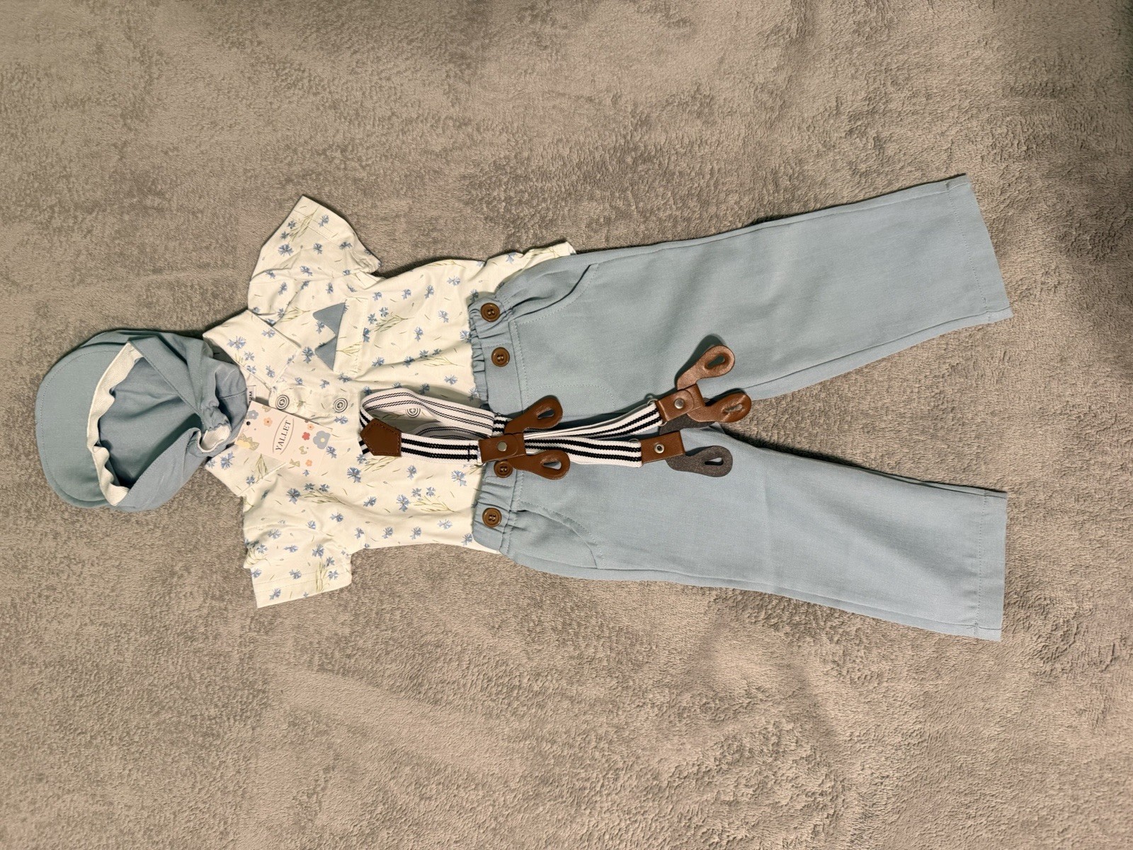 Baby Boy 3-Piece Outfit Set 6-12M – Shirt, Pants, Hat & Suspenders by Yallet