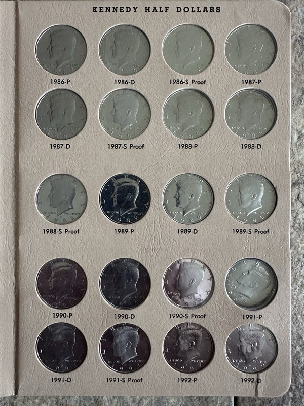 20 Kennedy Half Dollars 1986-1992 Completed Dansco Album Page 8166 Key Dates
