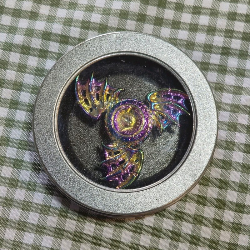 Metal Bat Wing Hand Spinner Fidget Toy Purple Gold Multicolor with Tin Case